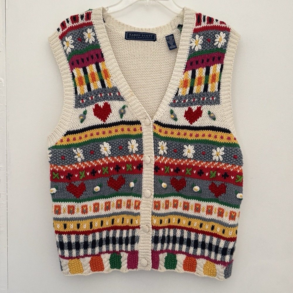 Karen Scott Hand Embroidered Vest M Novelty Print Button Up V Neck Vtg/R etro